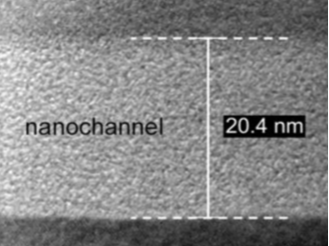 Transmission electron microscopic image depicting 20nm nanochannel