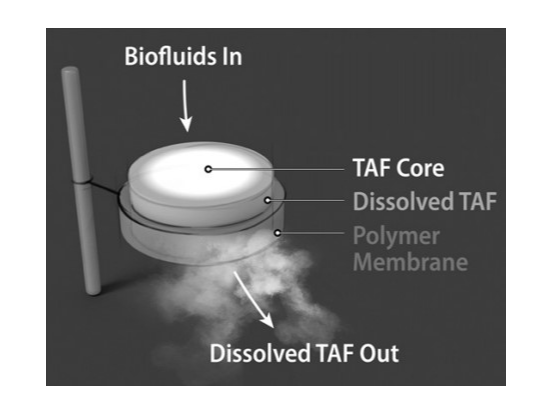 Cross Sectional view of the TFPD with Tenofovir alafenamide and its release from the polymer membrane